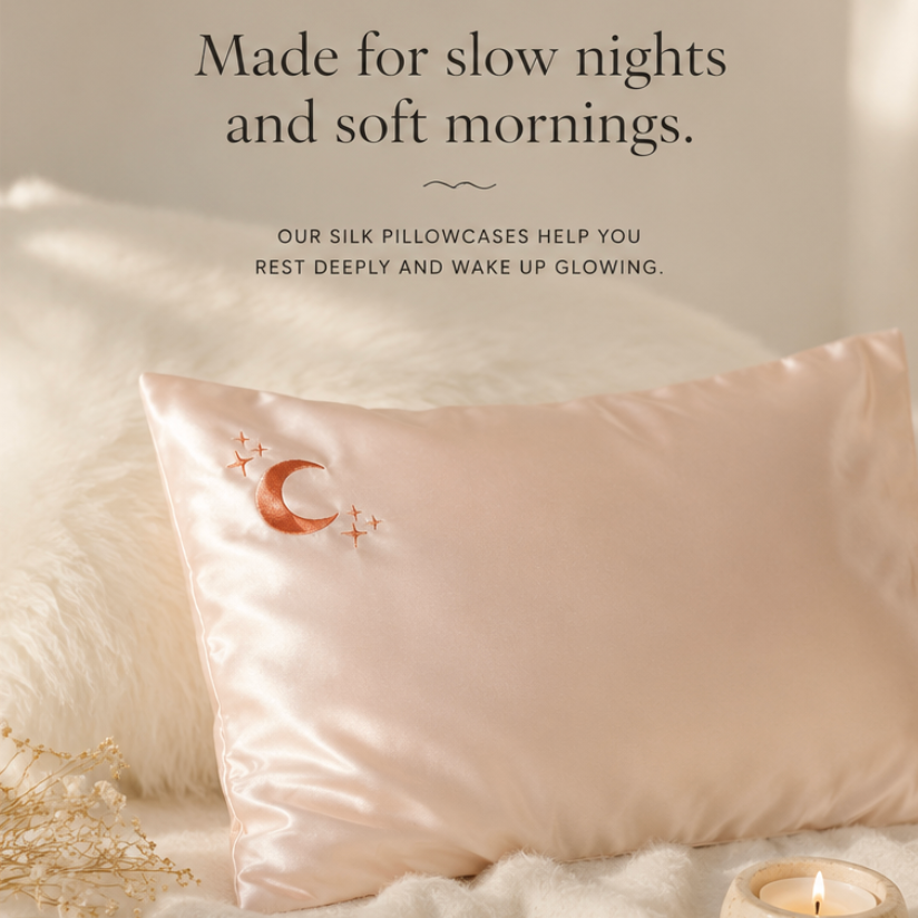 Crystal Dreams Pillowcase, Cosmic Sleep Moon Pink Vegan Silk: Rose Quartz