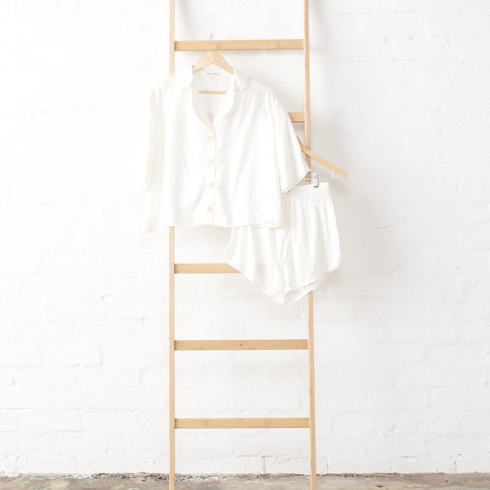 Bamboo Pyjamas - Crop Button Up + Short Set in White-0