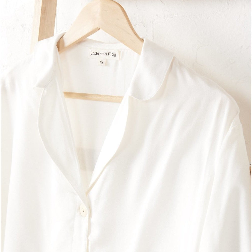 Bamboo Pyjamas - Crop Button Up + Short Set in White-3