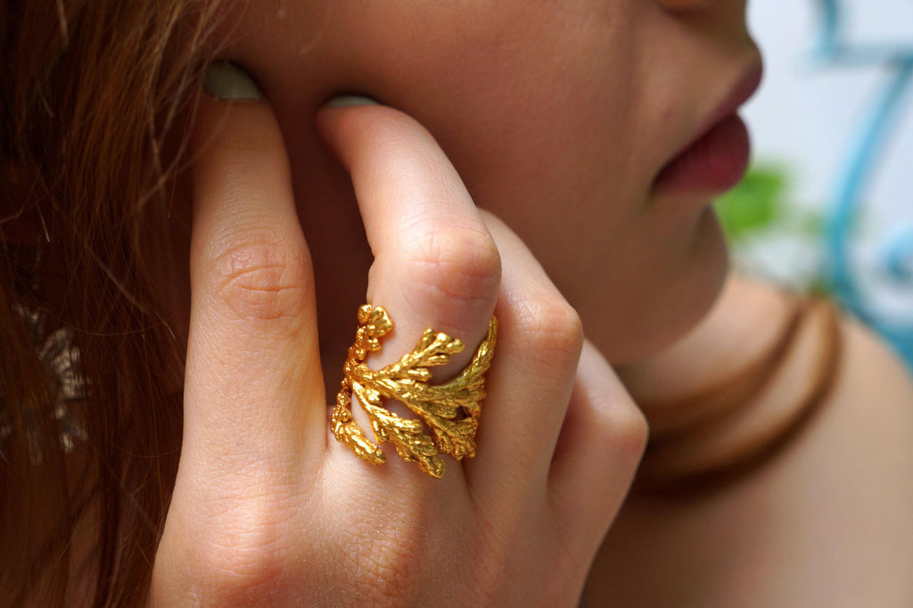 Juniper Leaf Ring: Gold-Plated Brass, Nature-Inspired Statement-0
