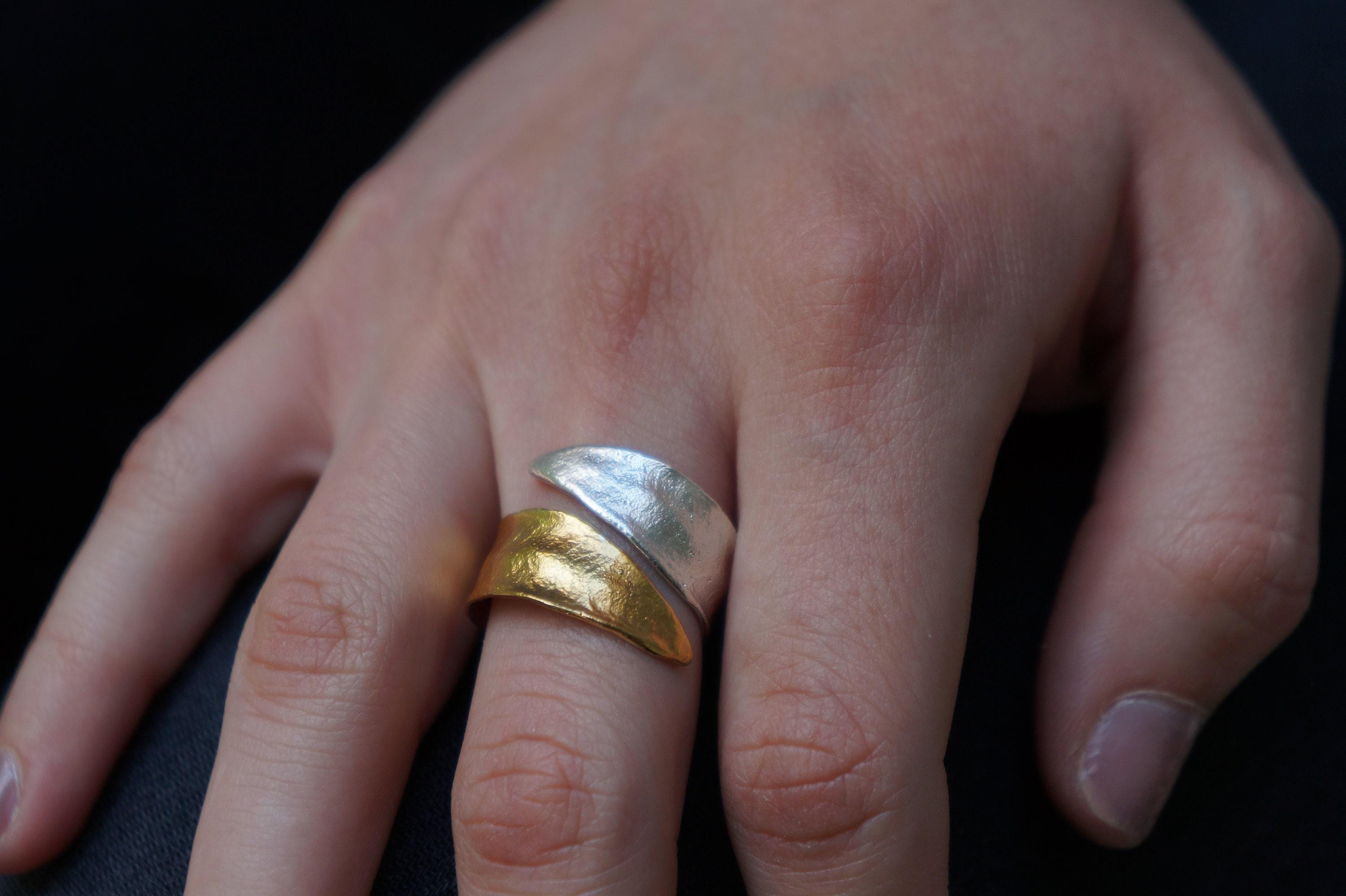 Olive Leaf Ring: Nature Inspired Adjustable Band (Sterling Silver, Two Tone)-4