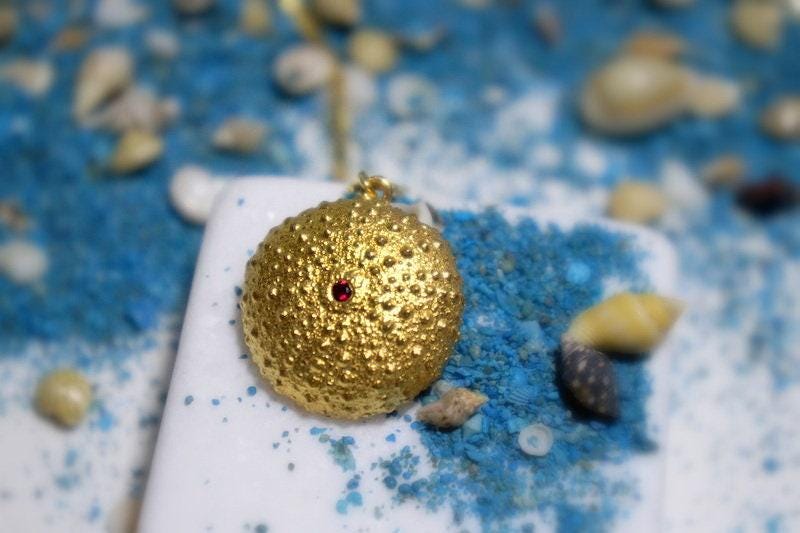 Gold Sea Urchin Necklace, Gold-Plated Brass Jewelry, Zircon Stone Pendant, Gift for Her, Birthday Gift for Women-4