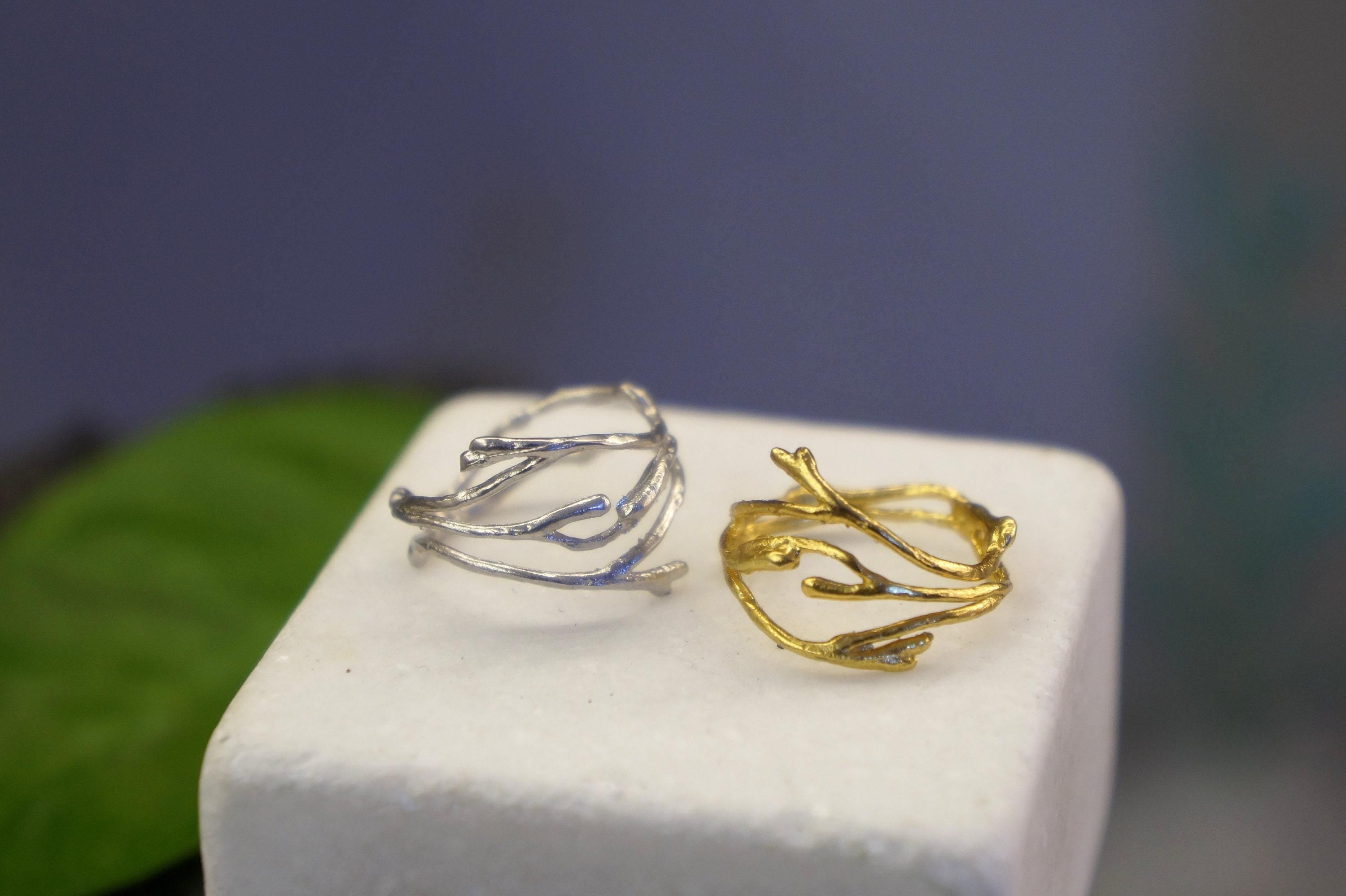 Twig Ring: Handmade Jasmine Flower Design (Gold Plated Silver)-1
