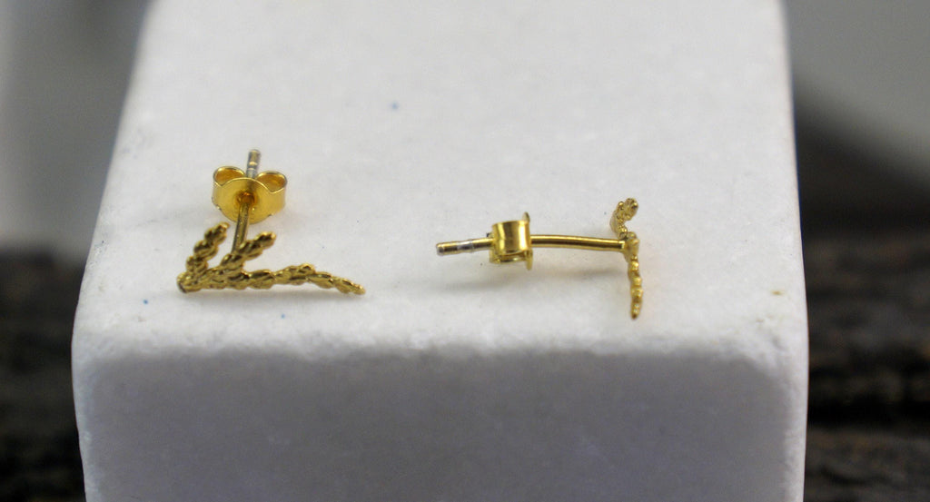 Silver Stud Earrings: Delicate Cypress Leaf - Gold Plated Finish-2