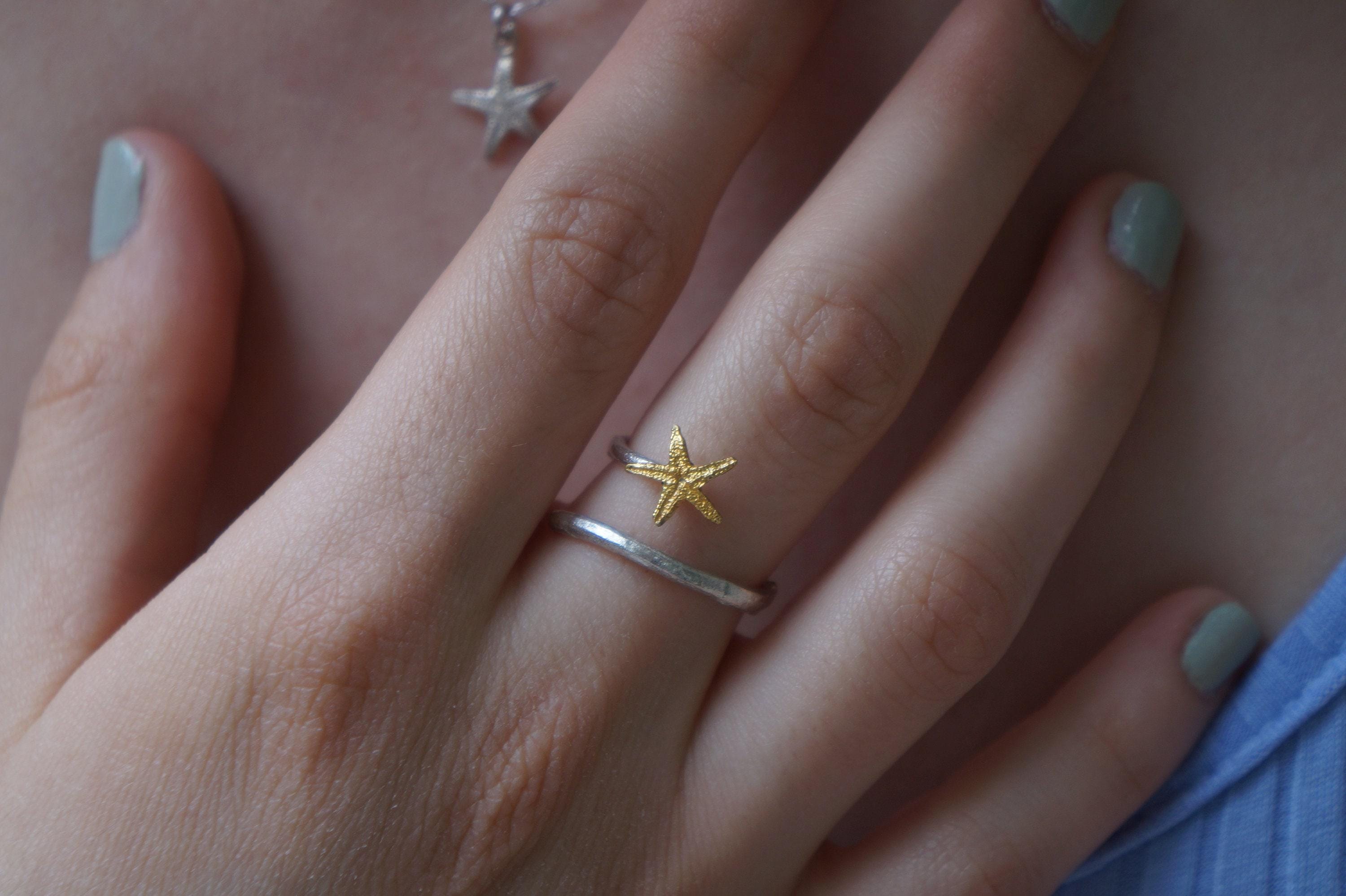 Starfish Ring: Nature Inspired Silver with Gold Accent - Adjustable-2