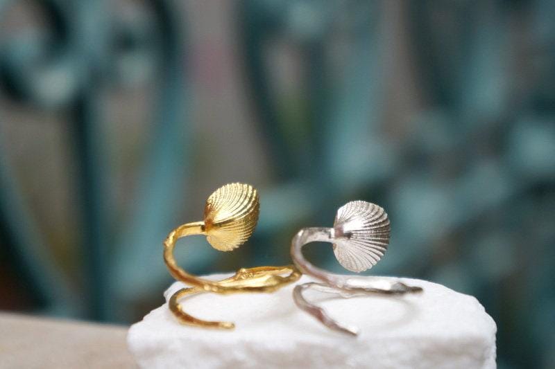 Adjustable Sea Shell Ring: Recycled Silver, Gold Plated - Nature Inspired-0