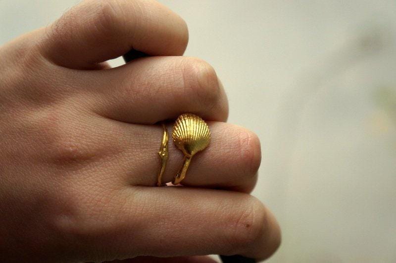 Adjustable Sea Shell Ring: Recycled Silver, Gold Plated - Nature Inspired-2