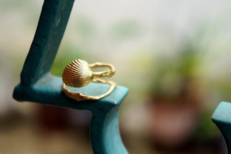 Adjustable Sea Shell Ring: Recycled Silver, Gold Plated - Nature Inspired-3