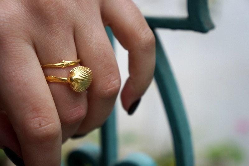 Adjustable Sea Shell Ring: Recycled Silver, Gold Plated - Nature Inspired-4