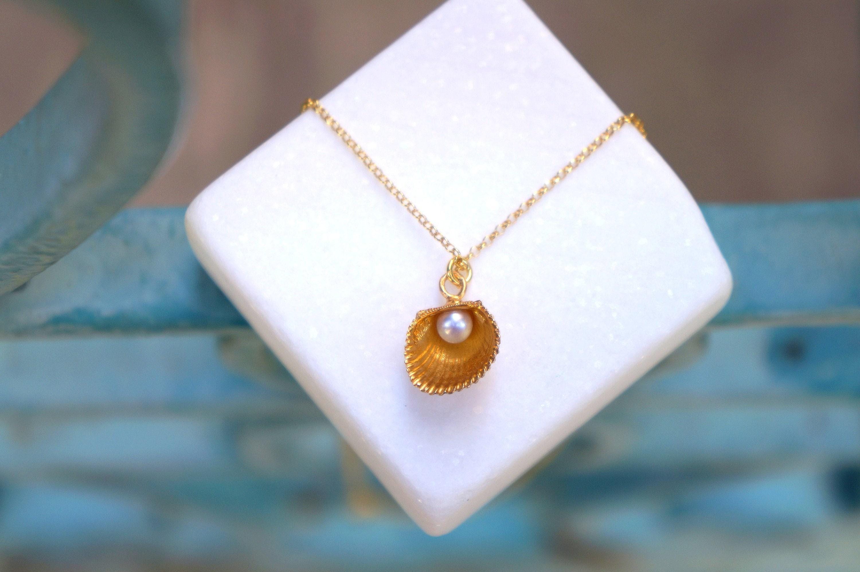 Pearl Pendant Necklace: Real Sea Shell Detail - Gold-Plated Silver-0