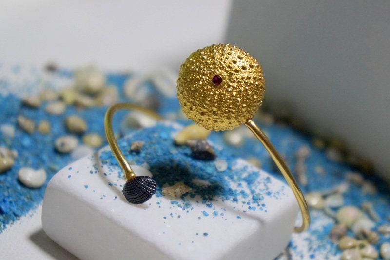 Sea Urchin and Shell Bracelet: Gold Plated Sterling Silver, Zircon-1