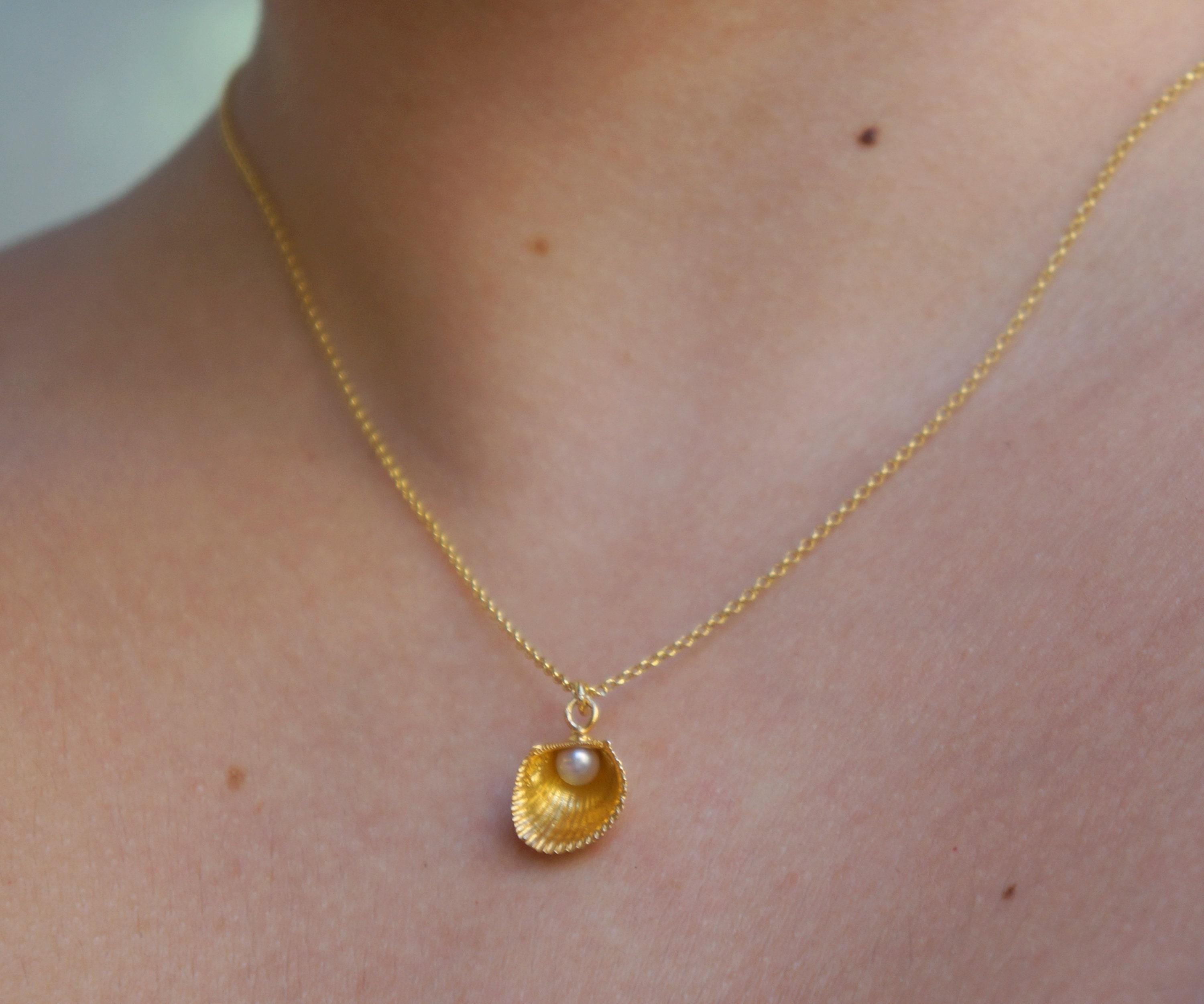 Pearl Pendant Necklace: Real Sea Shell Detail - Gold-Plated Silver-1