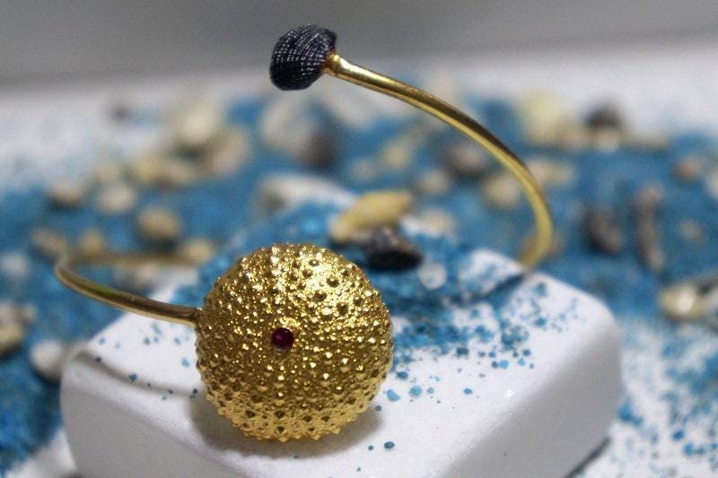 Sea Urchin and Shell Bracelet: Gold Plated Sterling Silver, Zircon-3