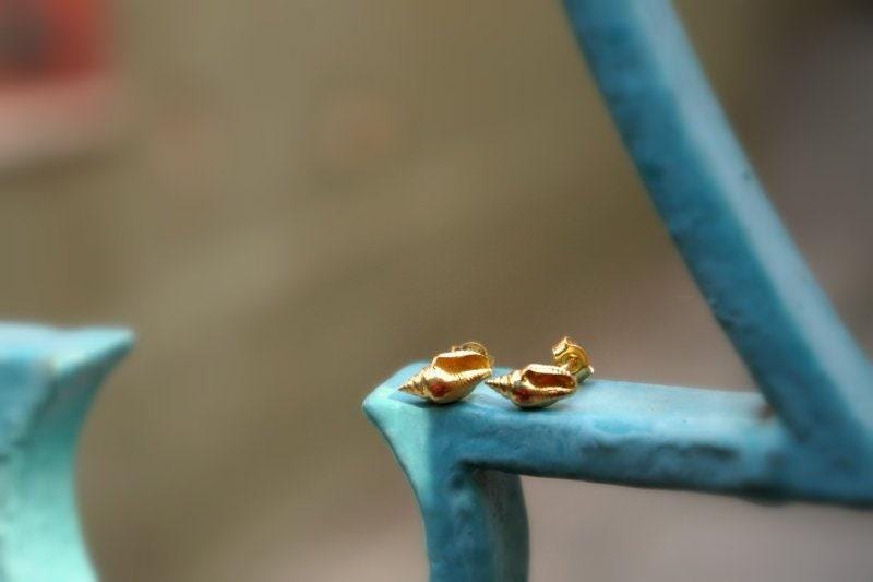 Minimalistic Sea Shell Earrings: 14k Gold on Sterling Silver Studs-1