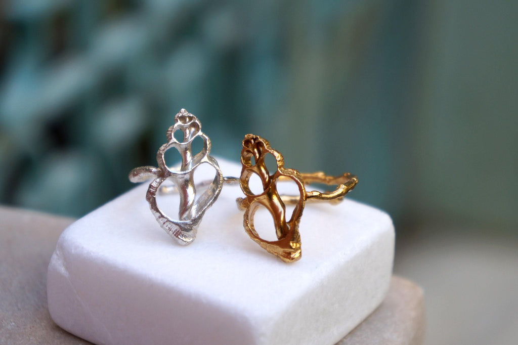 Sea Shell Ring, Adjustable Sterling Silver or Gold Jewelry, Nature-Inspired Design-1
