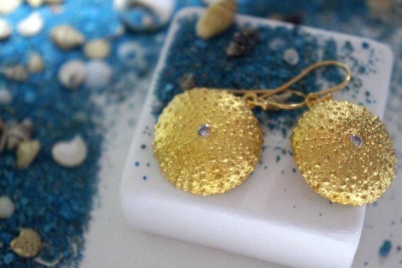 Sea Urchin Earrings: Beach Inspired Jewelry (Gold Plated Silver)-0