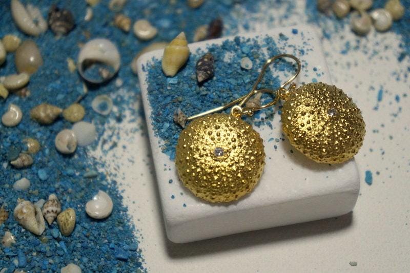 Sea Urchin Earrings: Beach Inspired Jewelry (Gold Plated Silver)-2