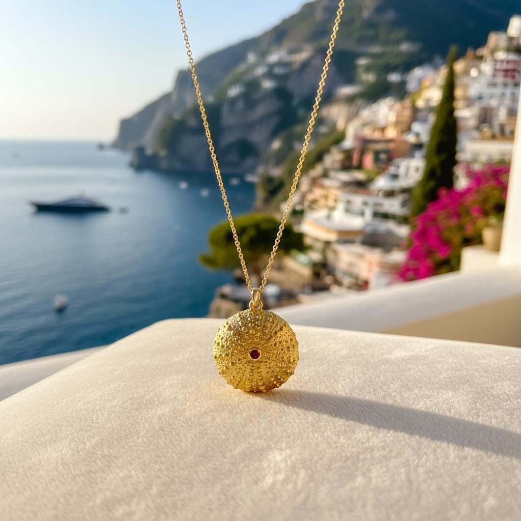 Gold Sea Urchin Necklace, Gold-Plated Brass Jewelry, Zircon Stone Pendant, Gift for Her, Birthday Gift for Women-0