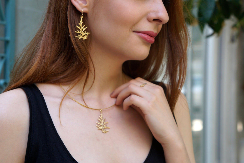 Cypress Leaf Necklace Gold-Plated Brass, Nature Inspired (Handmade, Sustainable)-1