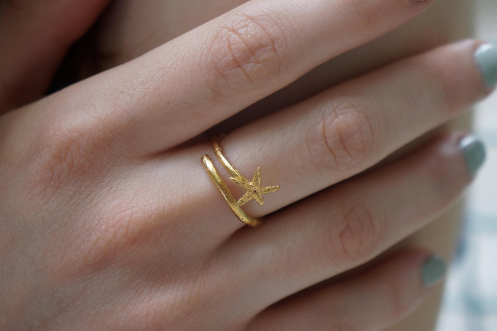 Starfish Ring: Nature Inspired Silver with Gold Accent - Adjustable-1