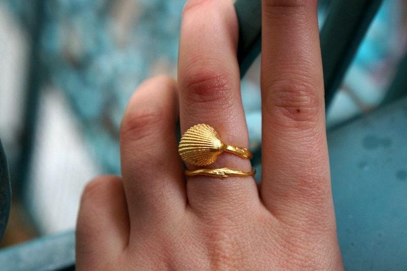 Adjustable Sea Shell Ring: Recycled Silver, Gold Plated - Nature Inspired-1
