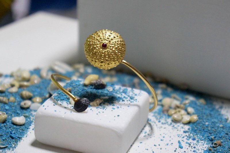 Sea Urchin and Shell Bracelet: Gold Plated Sterling Silver, Zircon-0