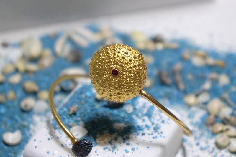 Sea Urchin and Shell Bracelet: Gold Plated Sterling Silver, Zircon-2