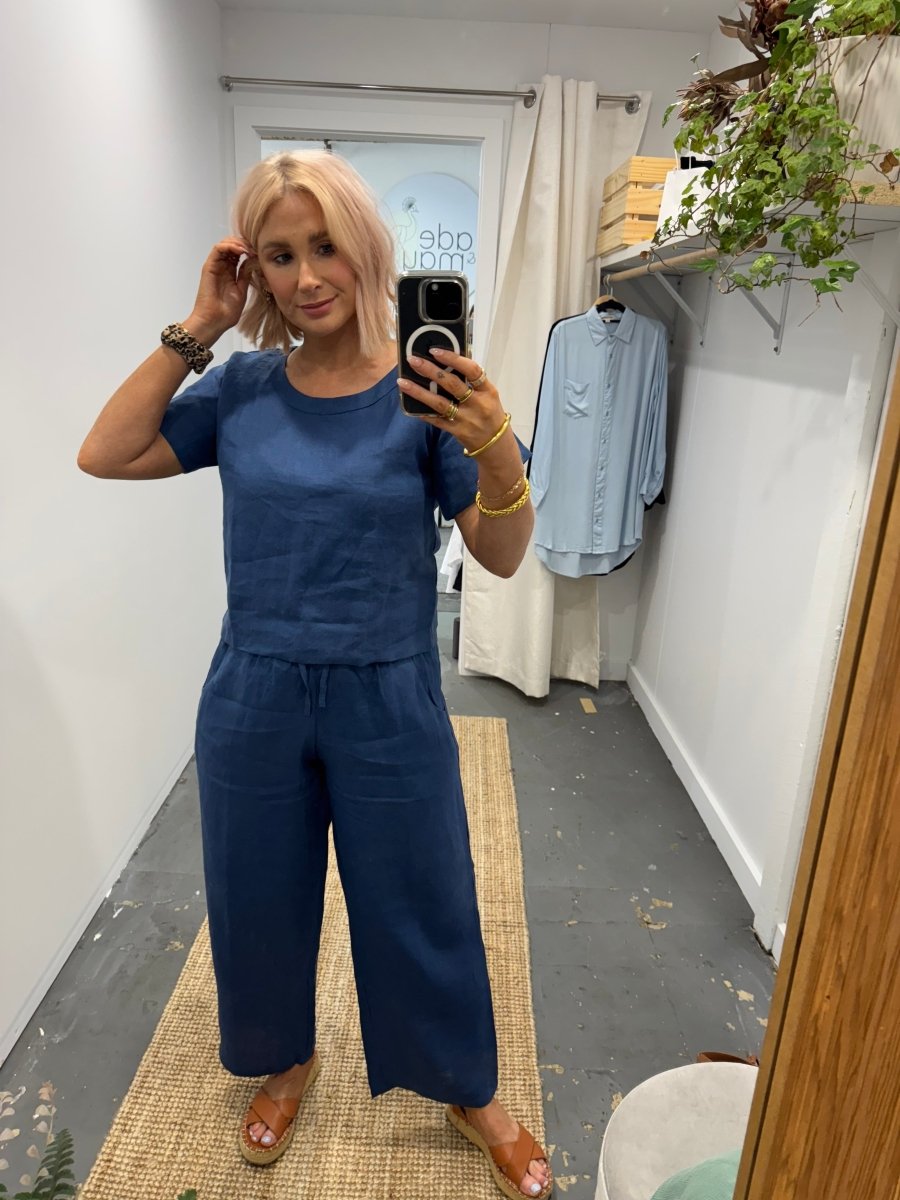 Navy Linen Tee & Wide Leg Pant Set-1