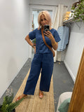 Navy Linen Tee & Wide Leg Pant Set-0