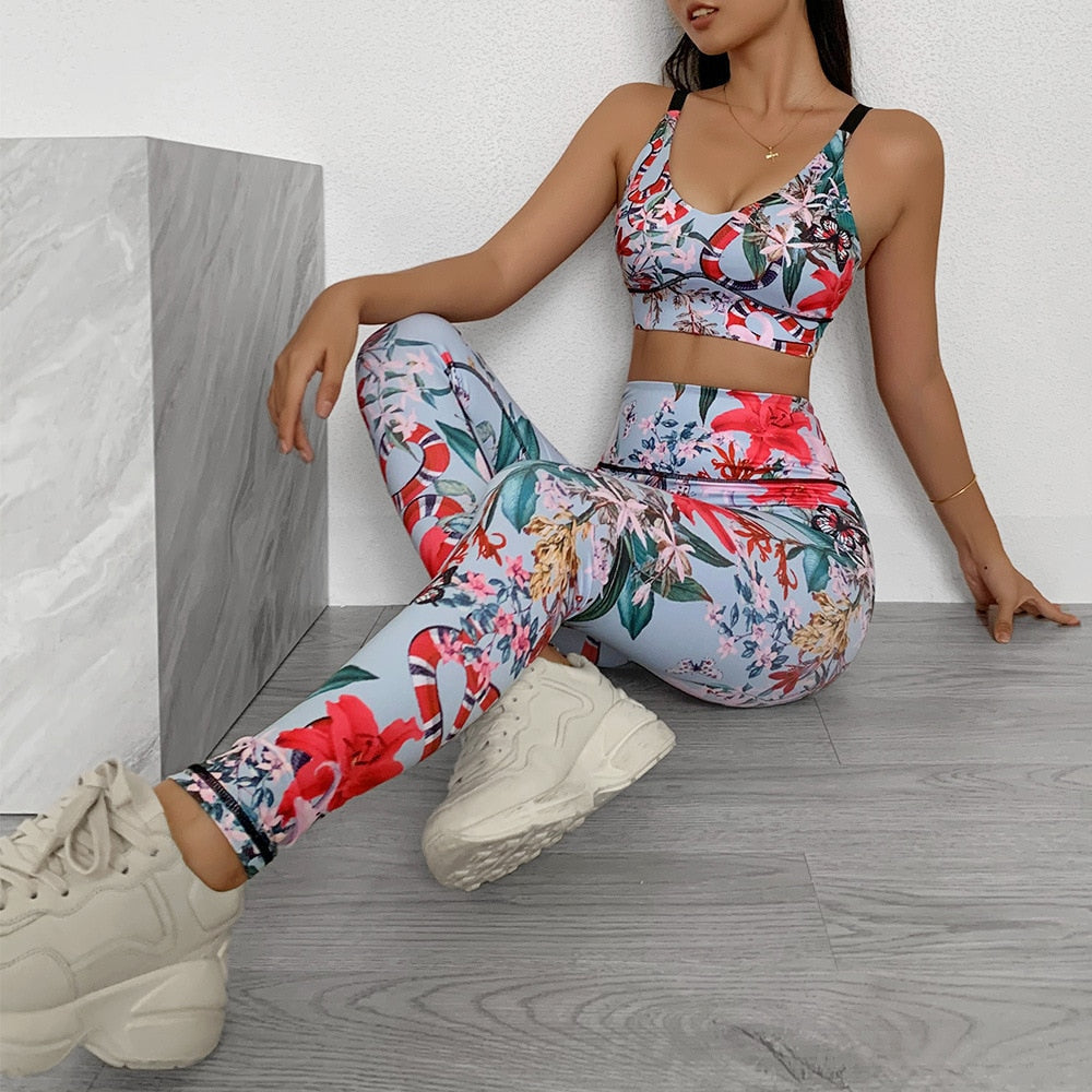 Seamless Floral Print Sports Yoga Set Gym Fitness Tracksuit Fashion Tank Top Leggings Suit Jogging Workout Training Clothing-0