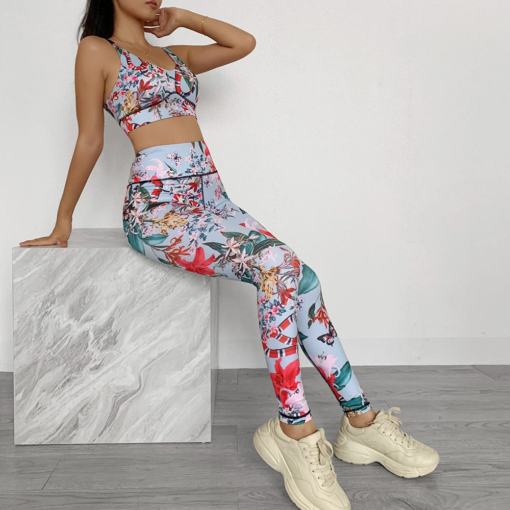 Seamless Floral Print Sports Yoga Set Gym Fitness Tracksuit Fashion Tank Top Leggings Suit Jogging Workout Training Clothing-3
