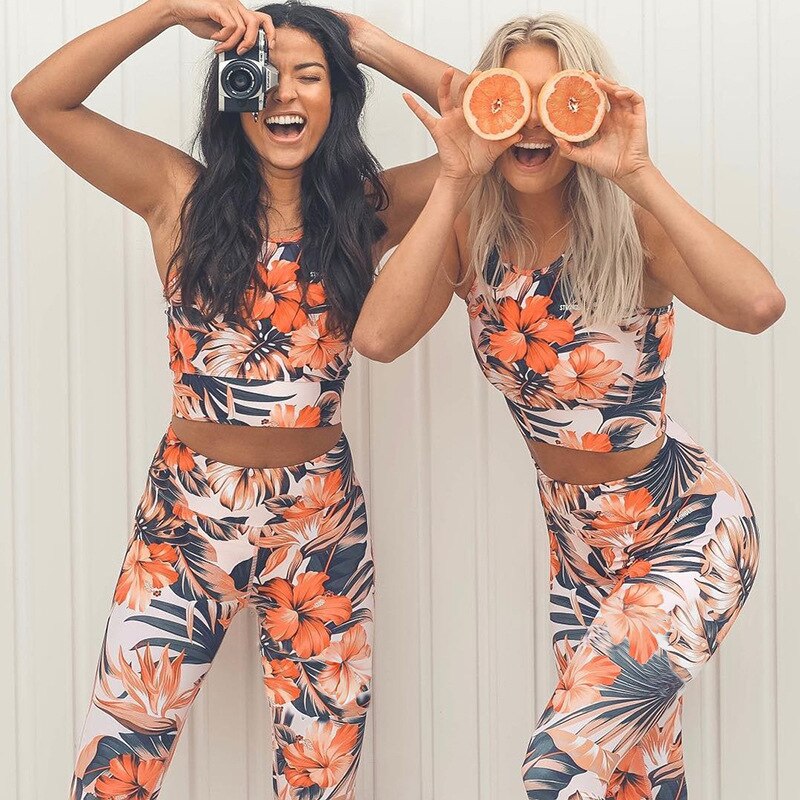 Floral Print Yoga Suit Gym Fitness Two Piece Set